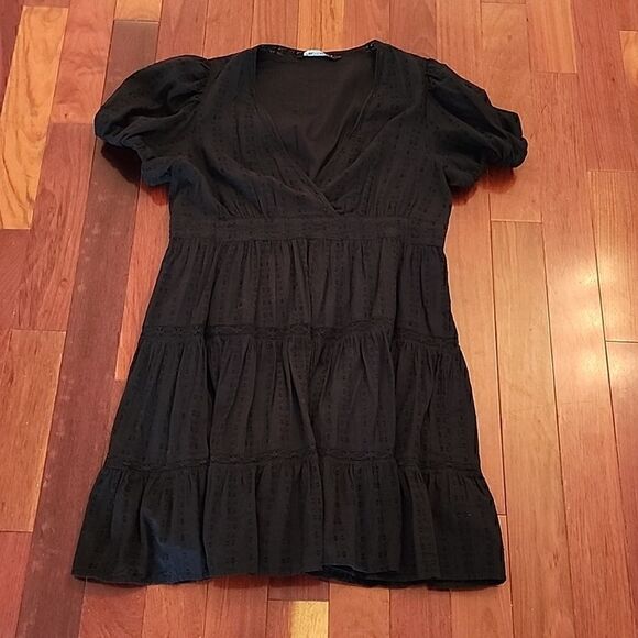 Black Babydoll Mini Textured Boho Zara V Neck Puffed Sleeve Dress XXL - Picture 1 of 4
